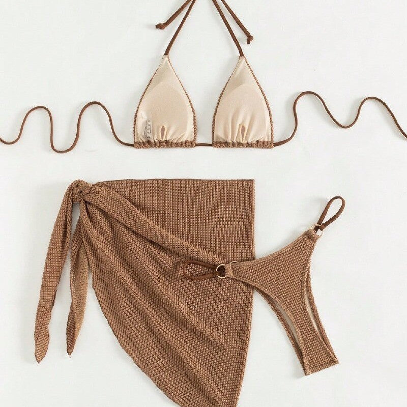 Women's 3-Piece Textured Bikini Set with Sarong